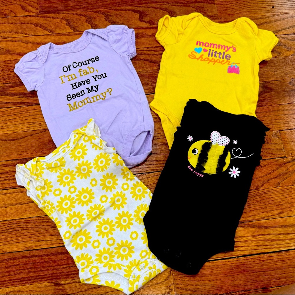 Baby girl short sleeve onesies yellow black purple size 0-3 months Bundle